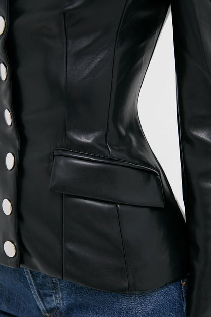 Black Vegan Leather Military Jacket
