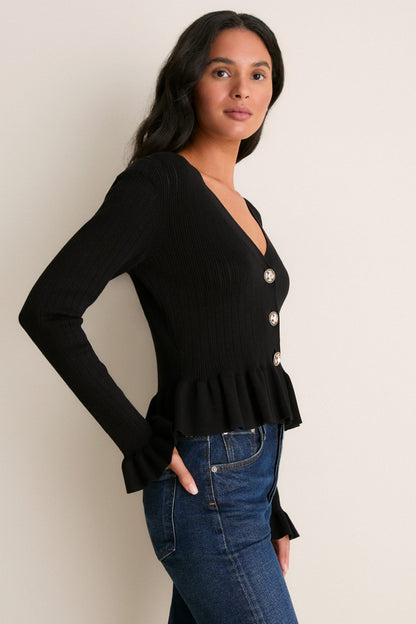 Black Bejeweled Button Sylvia Cardigan