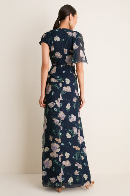 Belle Epoque Poppy Navy Floral Cloque Asymmetric Gown