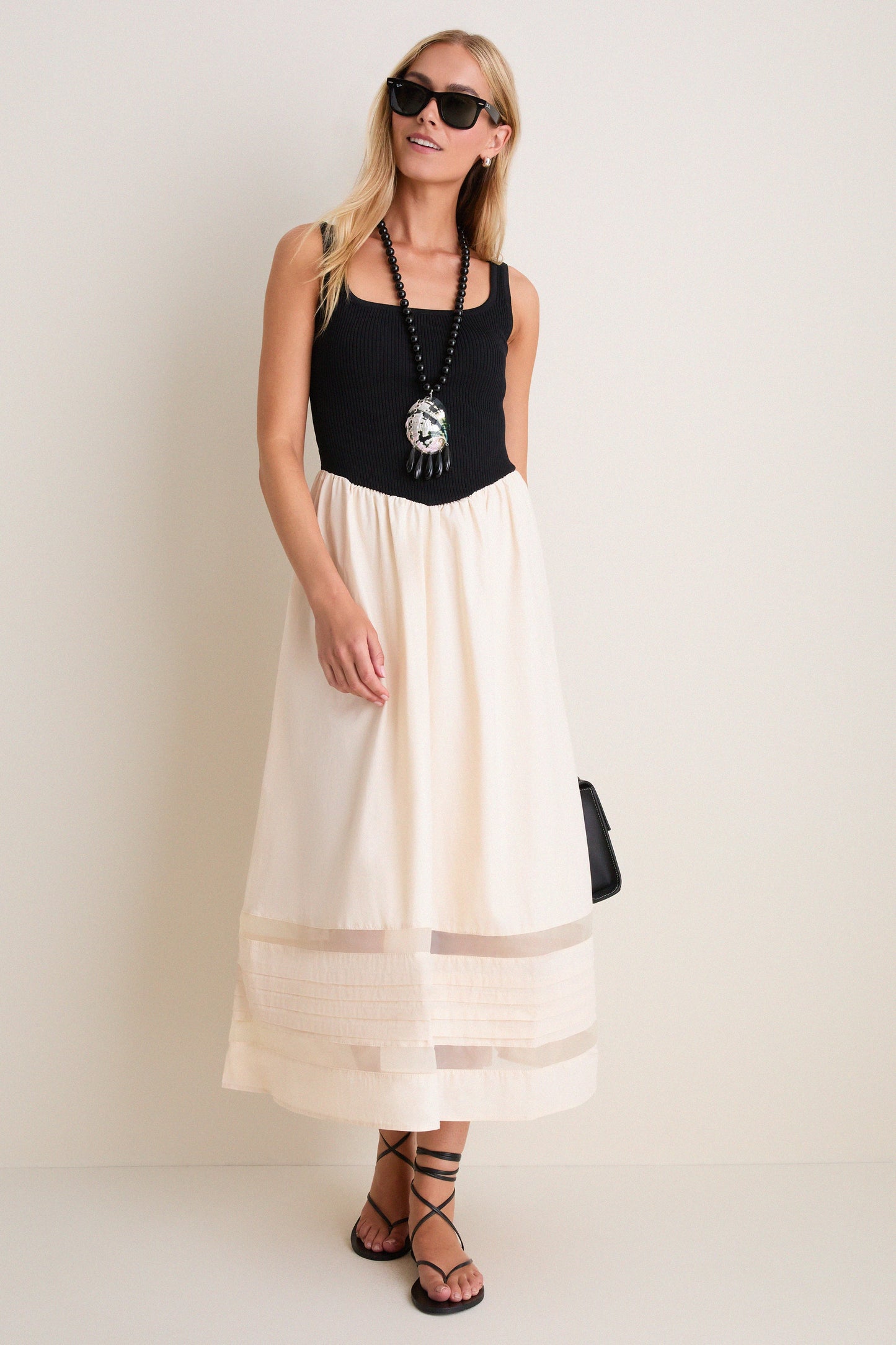 Black Multi Sheer Insert Cotton Knit Twofer Midi Dress