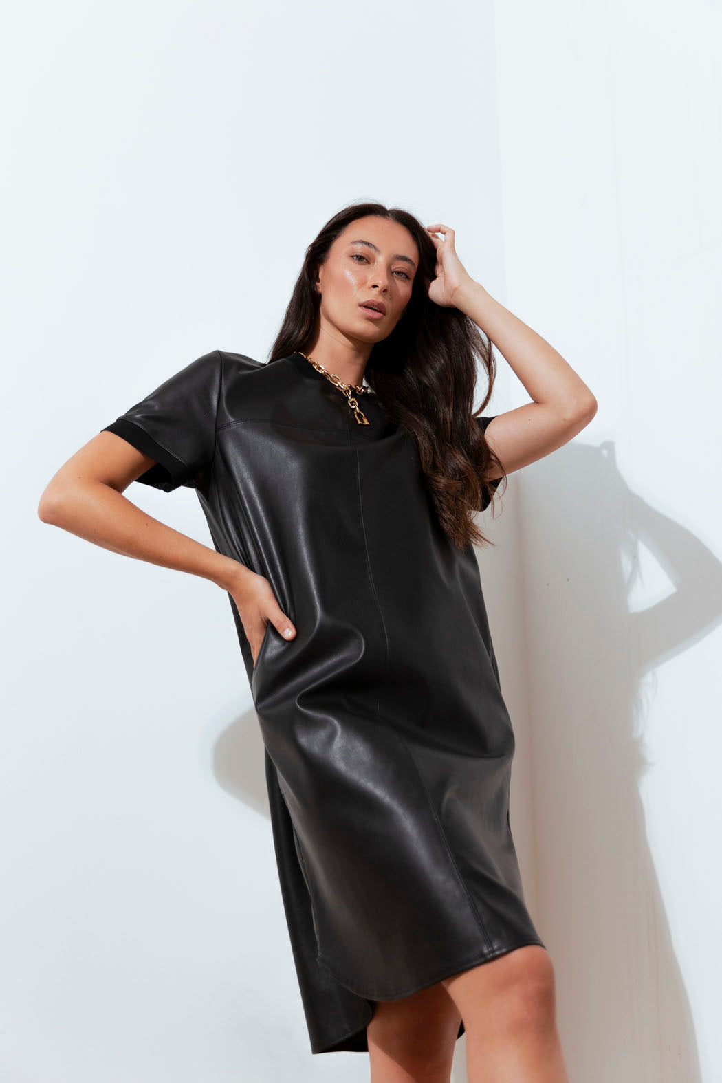 Black Faye Vegan Leather Tee Dress - Sale