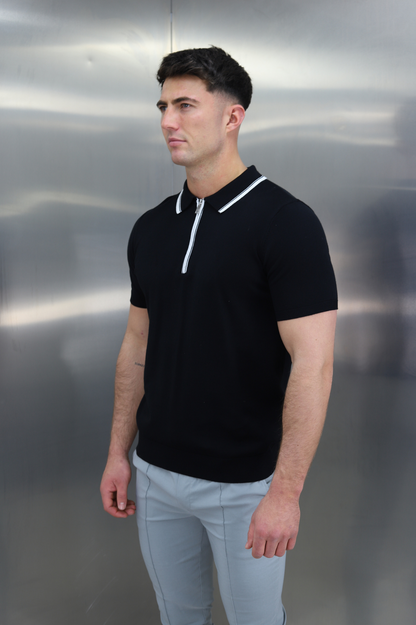 Capo Egyptian Cotton Contrast Collar SS Zip Polo Shirt - Black