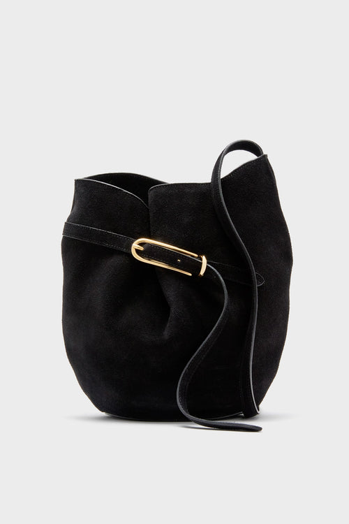 Black Suede Belted Bucket Bag