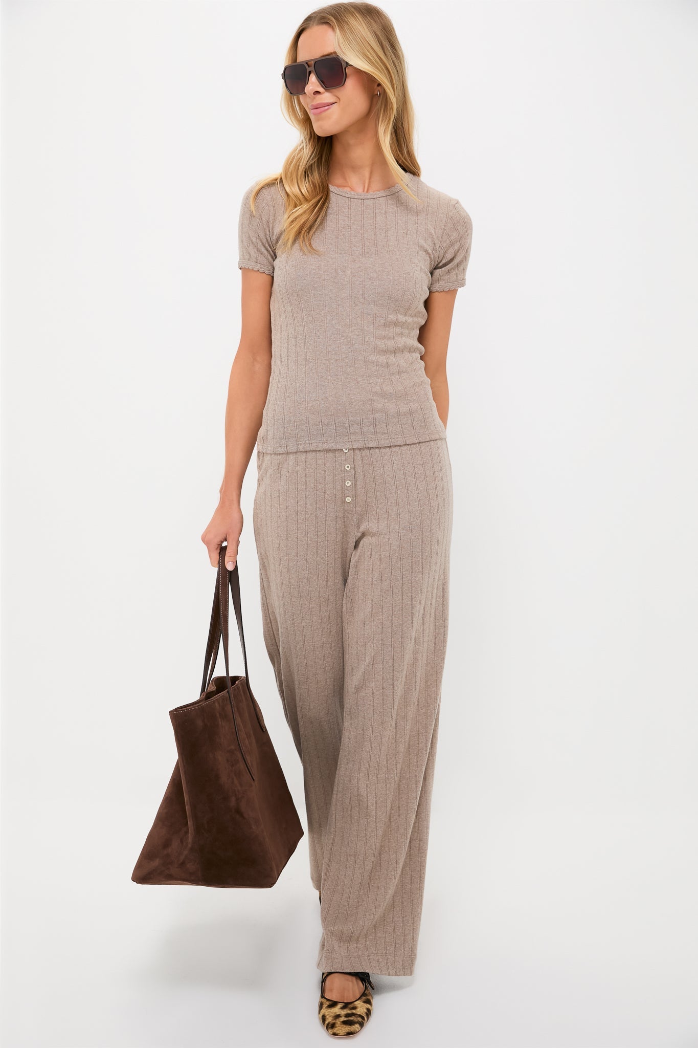 Beige Melange Pointelle Slim Fit Tee
