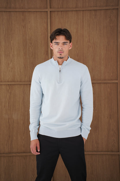Capo Egyptian Cotton 1/4 Zip Top - Sky Blue