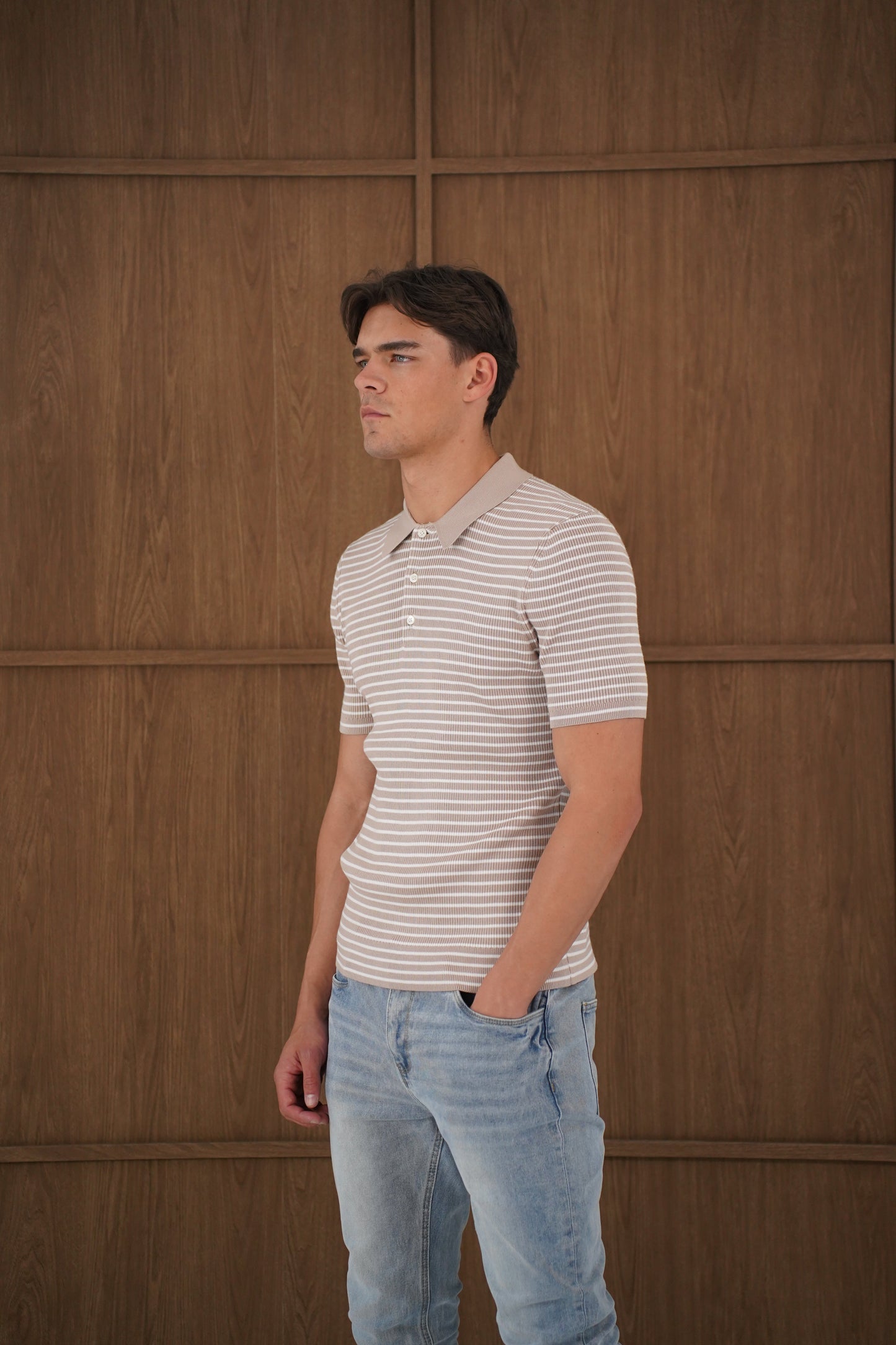 Capo Stripped Button Polo Shirt - Stone