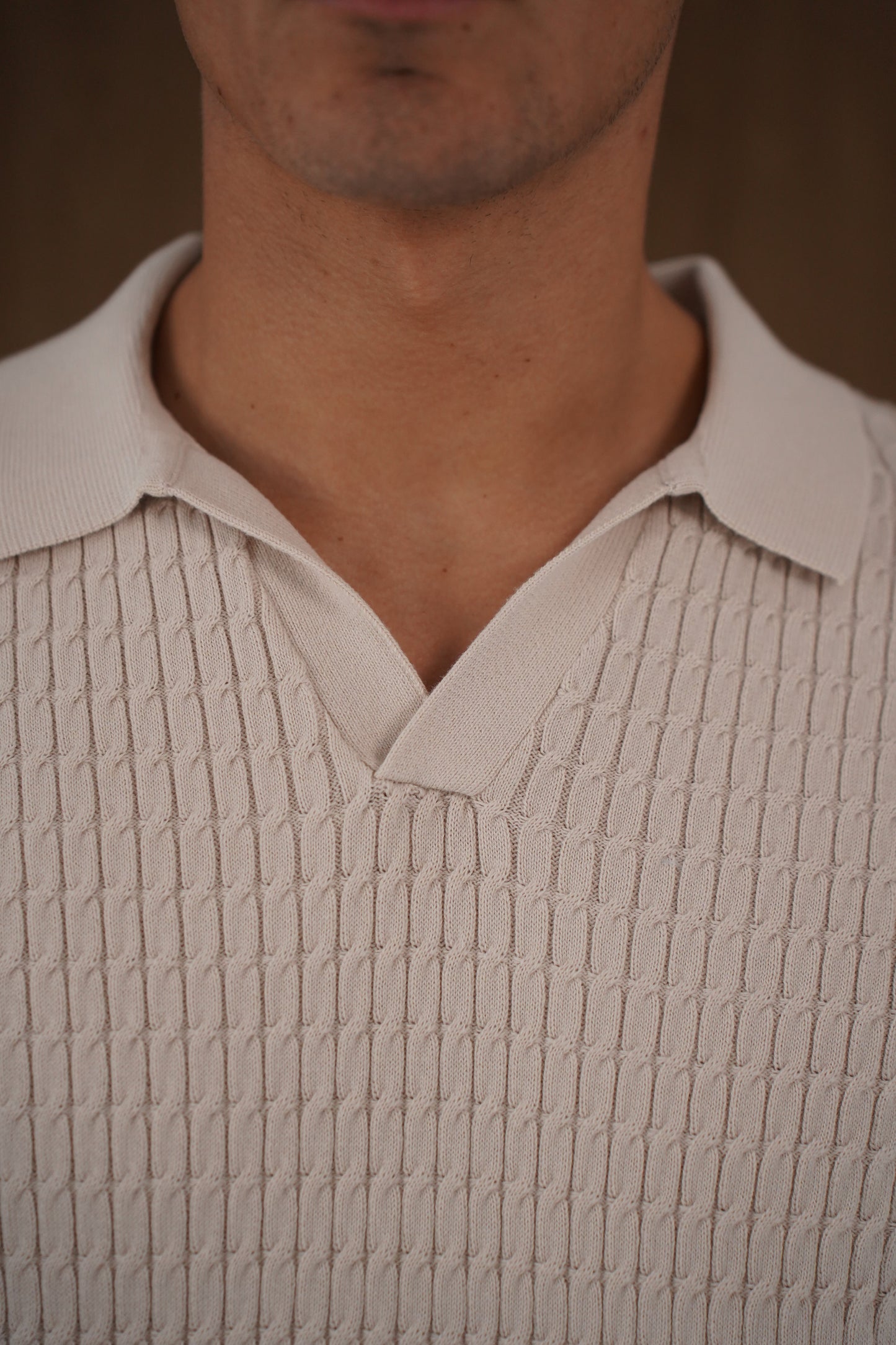 Capo Cable Twist Open Collar Polo Shirt - Stone