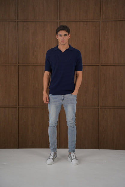 Capo Cable Twist Open Collar Polo Shirt - Navy