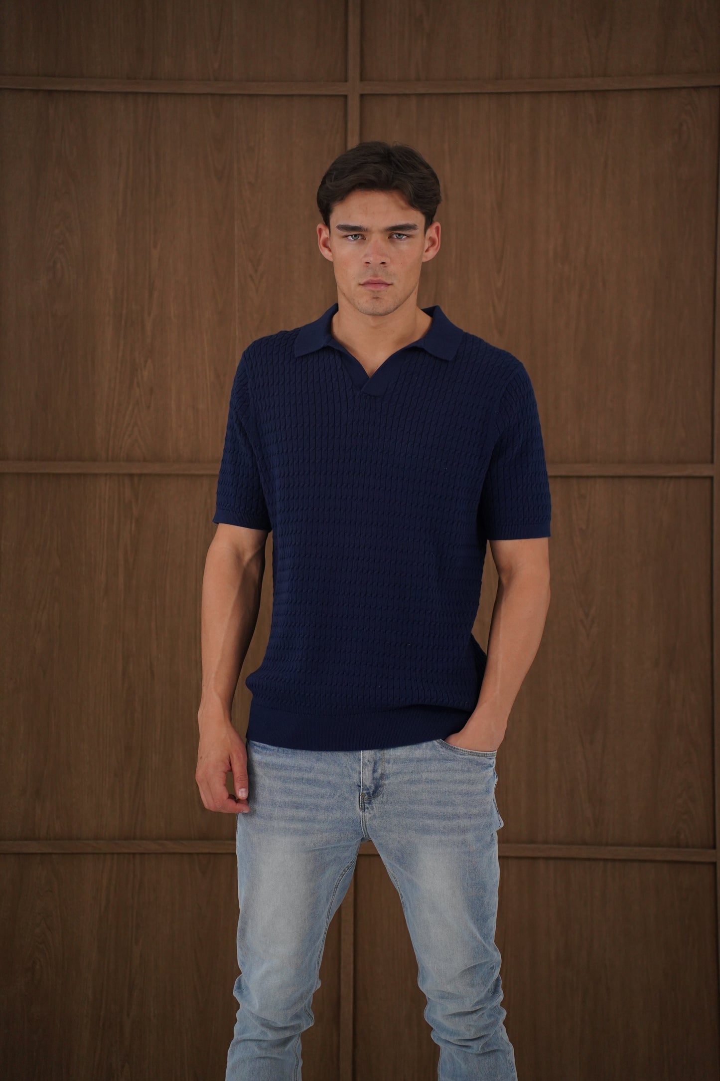 Capo Cable Twist Open Collar Polo Shirt - Navy