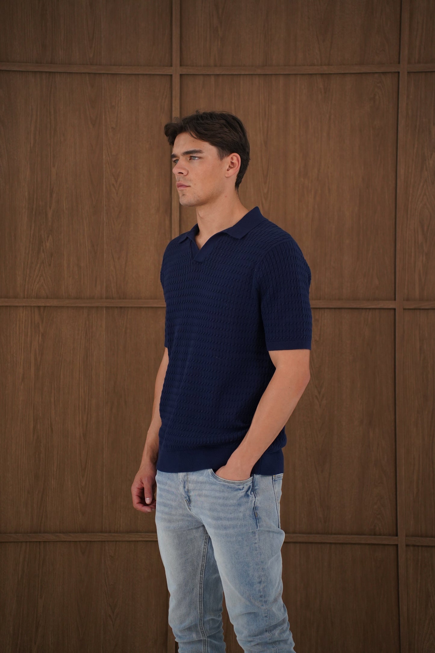 Capo Cable Twist Open Collar Polo Shirt - Navy