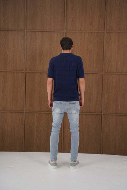 Capo Cable Twist Open Collar Polo Shirt - Navy