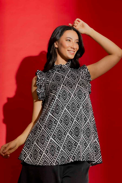 Black/White Silky Ruffle Cami