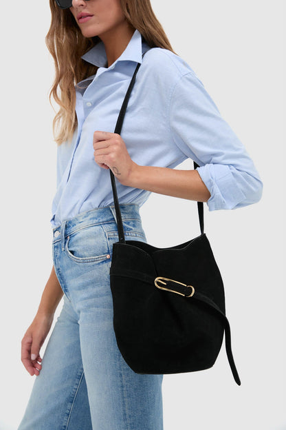 Black Suede Belted Bucket Bag