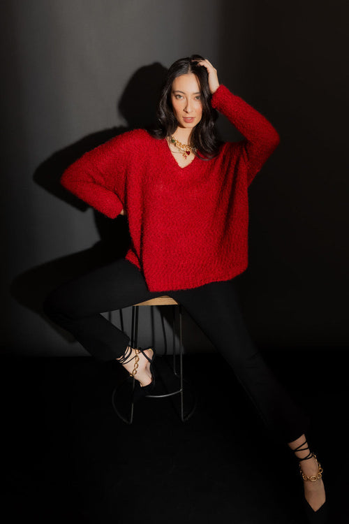 Burgundy Fluffy V Neck Jumper