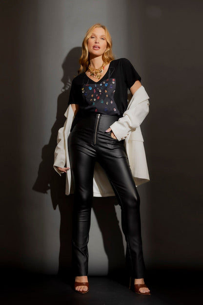Black Waxed Zip Front Split Pant